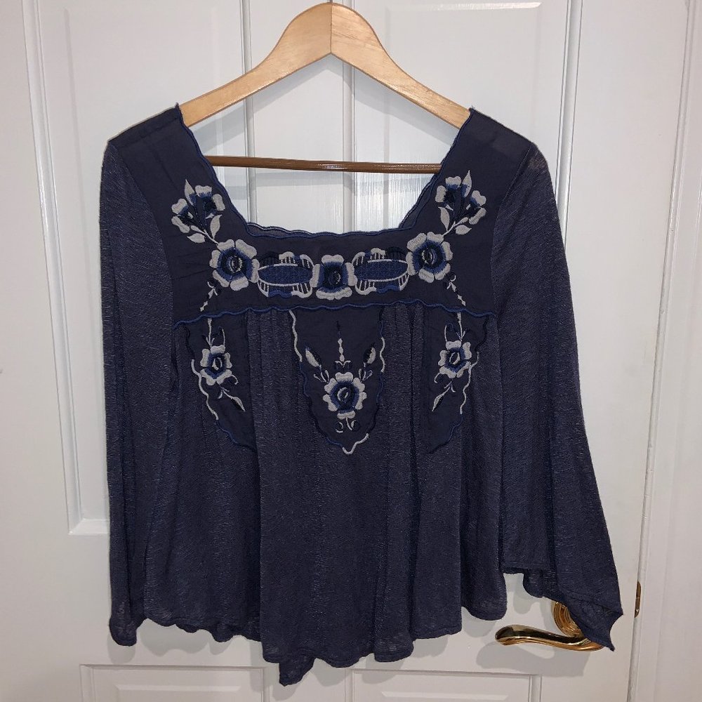 Free People Floral Embroidered Blue Tunic Top XS